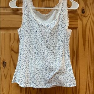 SHEIN White Tank Top with Blue Floral Print and Lace Trim